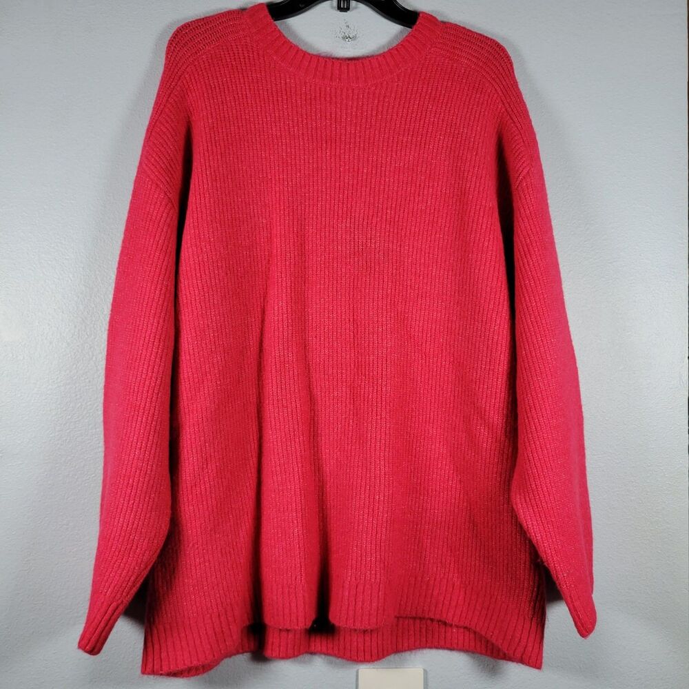 ZARA Oversized Pink Ribbed Sweater L Slouchy Barbiecore Dopamine Cozy Wool